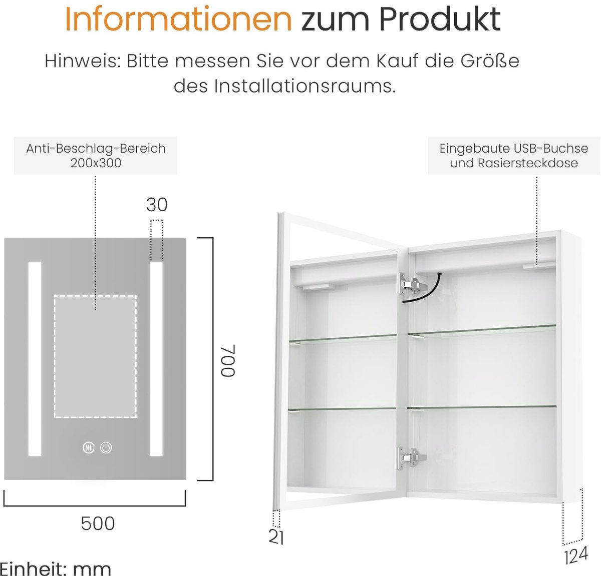 SnelShoppen - EMKE Spiegelkast Badkamer met Verlichting, Dimbaar, Anti-Condens, 50x70 cm, Wit, Met Stopcontact en Glazen Plank, Geheugenfunctie, Dubbe