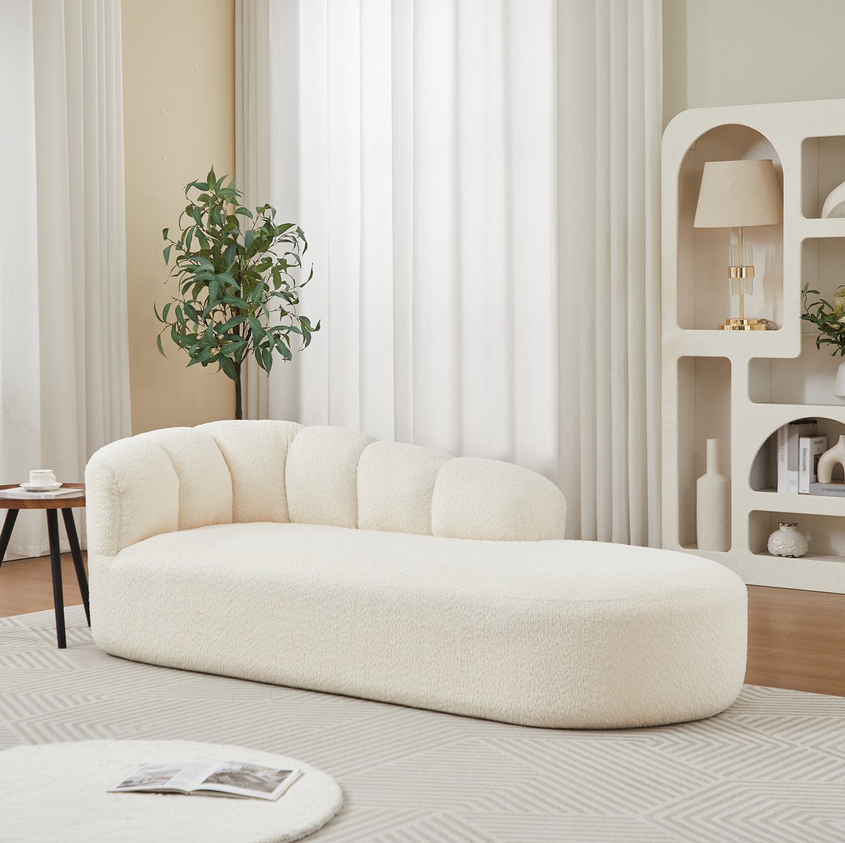 OKWISH Chaise Longue - 2-Zits Met Golvende Rugleuning En Zonder Armleuningen - Voor Woonkamer Of Leeshoek - Chenille - Beige