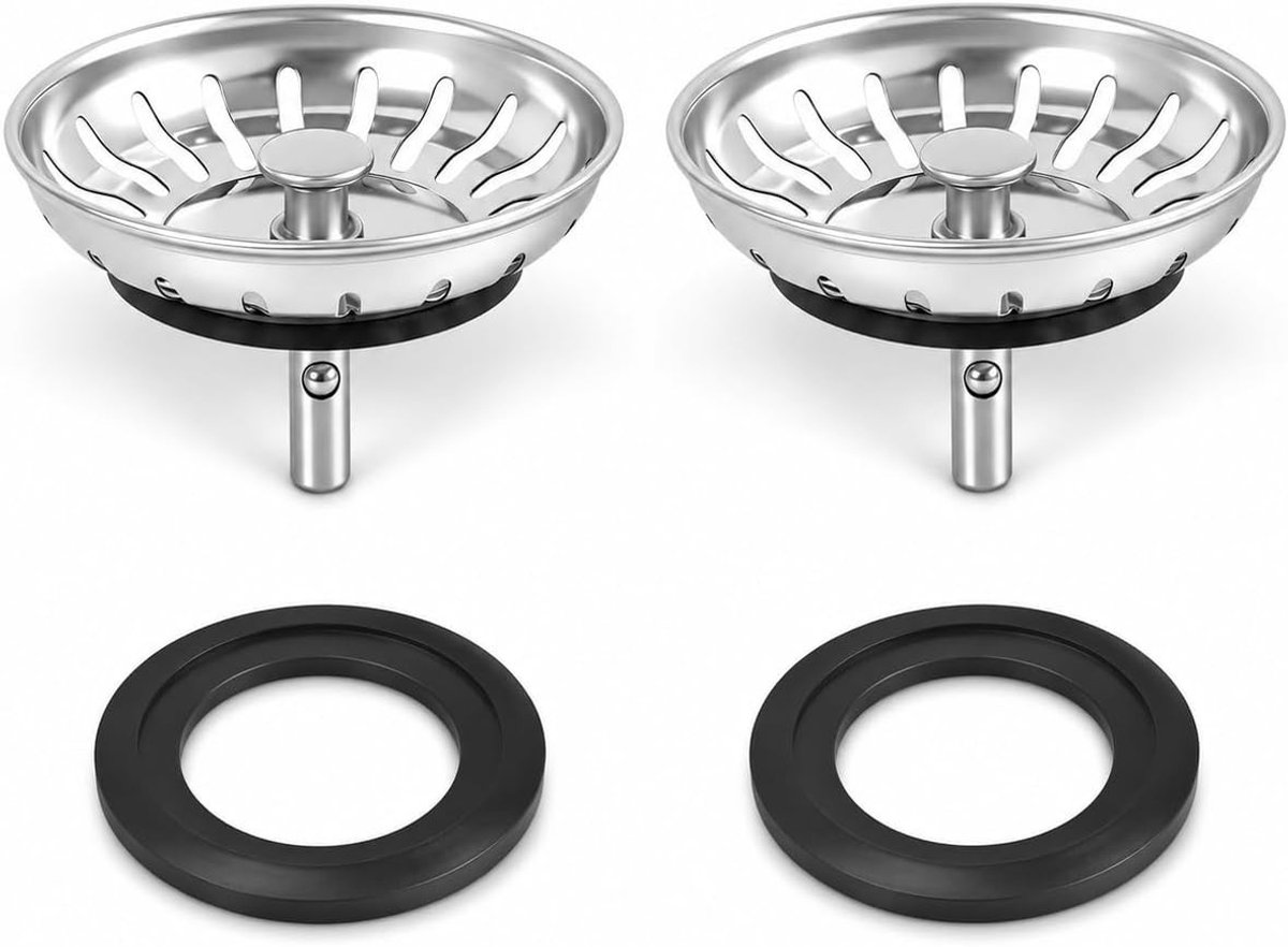 Universele roestvrijstalen gootsteenstop met verstoppingsfilter en reserveafdichtingen, 80 mm, 2 stuks voor keukens en badkamers