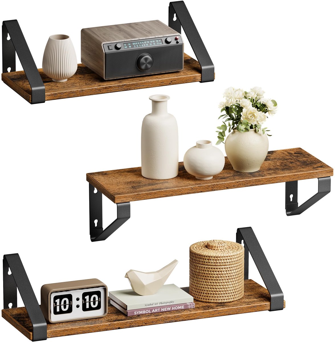 Omgoods- Wandplank Zwevend - Set van 3 - Vintage Bruin/Zwart - Hoogwaardig Spaanplaat - Stalen Beugels - Max. Draagvermogen 10 kg - Plankrek