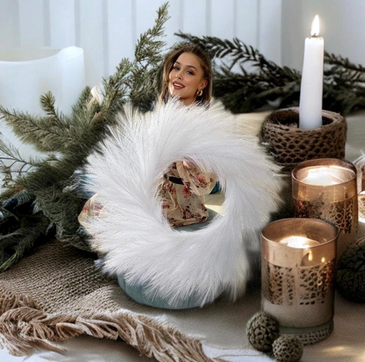 Omgoods - Kunstmatige Pampas Grass Deurkrans 68,5cm Wit
