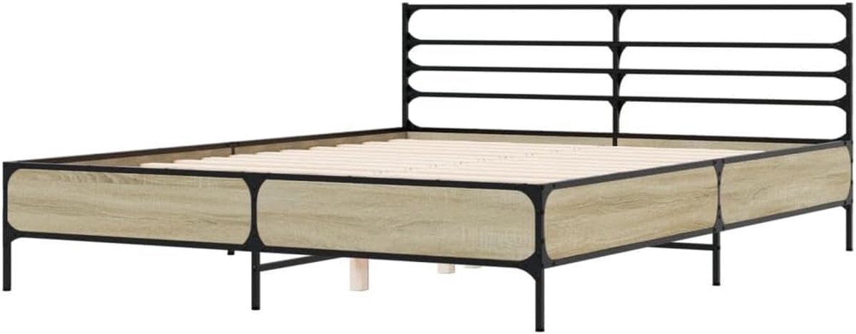 Bedframe Hout Metaal - Bedombouw Twijfelaar - Slaapkamermeubel - Hoofdbord Ondersteuning - 160x200 cm - Sonoma Eiken