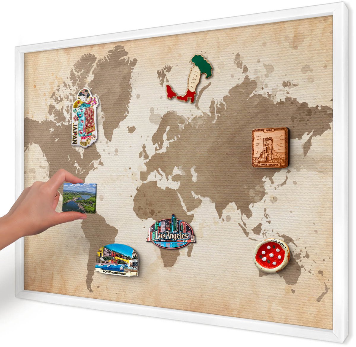 Artprintcave Bruin Magneetbord mit Witte Lijst - 70x50 cm - Wereldkaart Memobord Keuken - Vintage Magneetbord Voor Keuken - Kaarten
