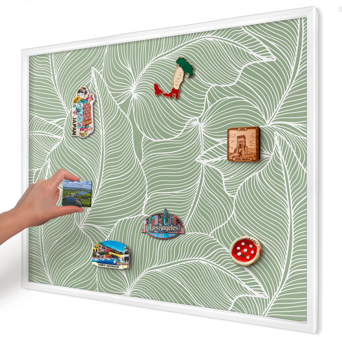 Artprintcave Groente Magneetbord mit Witte Lijst - 80x60 cm - Tropische Bladeren Notitiebord - Minimalist Magnetisch Bord - Bloemen En Planten