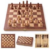 Norvella 3-in-1 Schaakbord met Schaakstukken - Dambord & Backgammon - Schaakspel - Inklapbaar & Compact - Reiseditie 29x29 cm - Hout