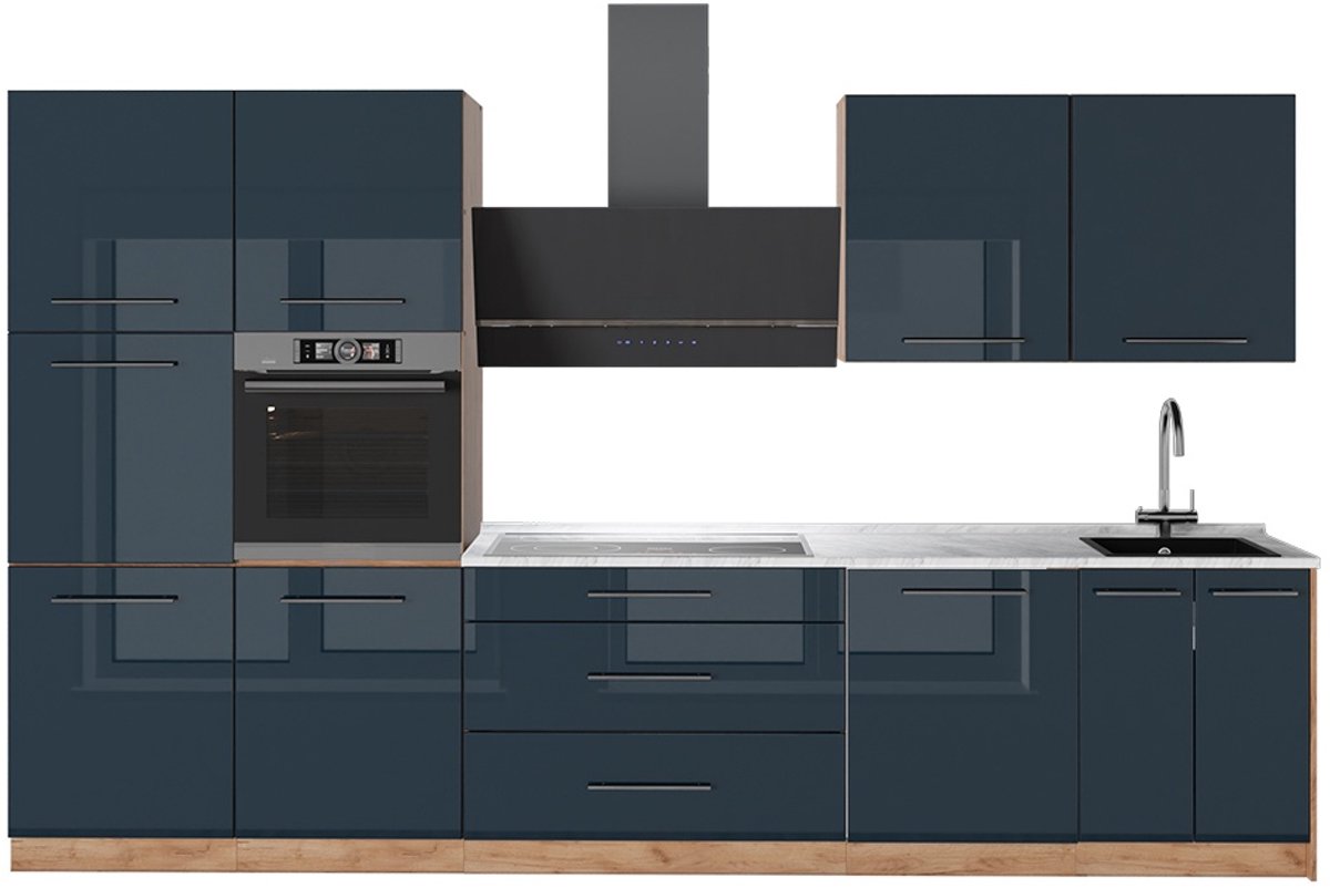 Vicco Complete keukeneenheid Fame-Line, Donkerblauw hoogglans/Goudkleurig Eiken, 340 cm, WB Marmer