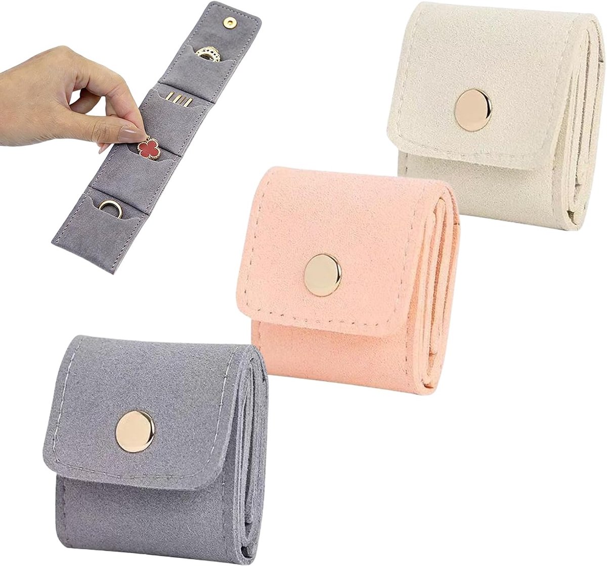 SnelShoppen - 3-delige Set Mini Reis Sieraden Tassen met Sluiting, Compacte Organiser voor Ringen, Kettingen, Oorbellen, Vouwbare Sieraden Roll voor L