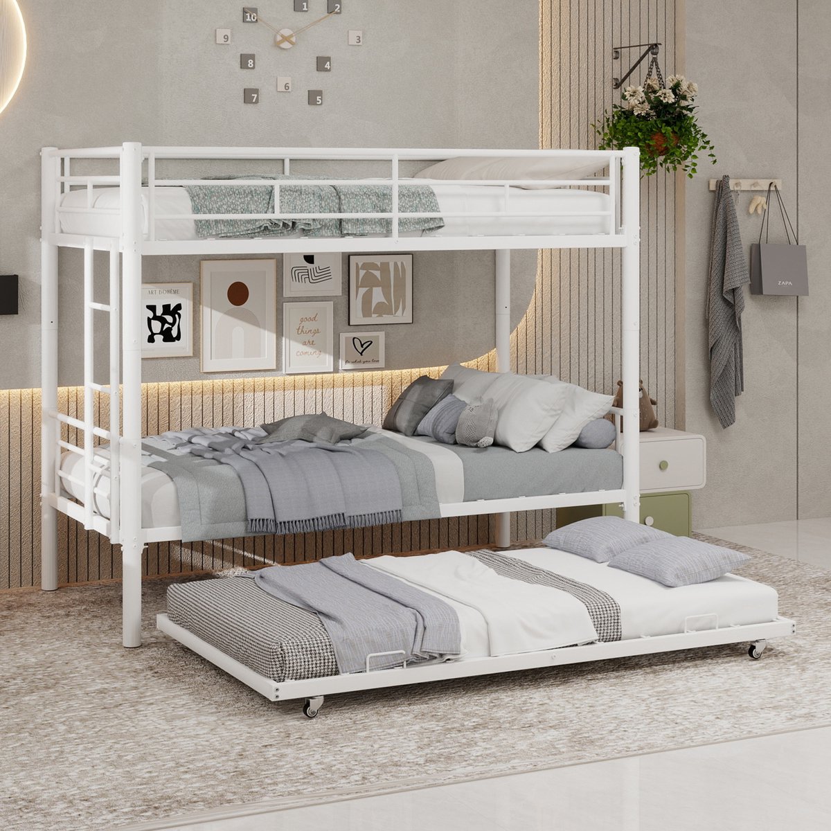 Metalen stapelbed 3-laags - Deelbaar in twee losse bedden - 90x190 cm - Grijs - Inclusief veiligheidsreling en antislip ladder - Roestvrij stalen frame met poedercoating - Geschikt voor kinderen en tieners