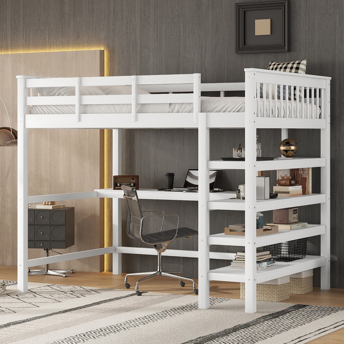 Kinderhoogbed 140x200 cm - Met bureau en opbergplanken als ladder - Wit - Veilige omheining en stevige lattenbodem - Geschikt voor kinderkamer, tienerkamer en studentenkamer