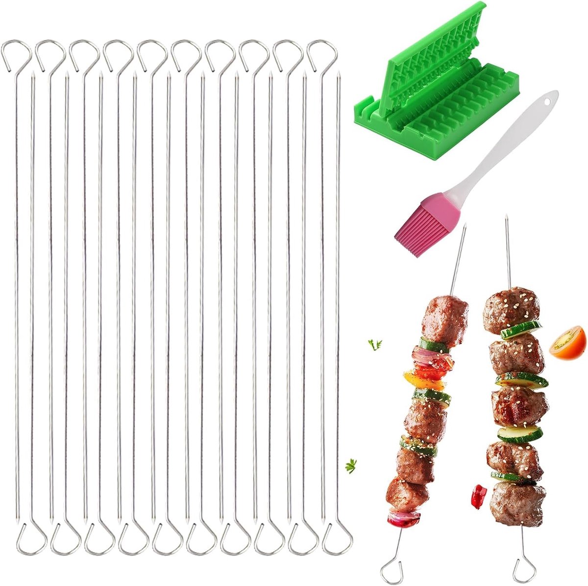 22-Piece Skewer Set - Metal Skewers with Skewer Threading and Silicone Oil Brush for Beef, Chicken and Other Food - ShopVlot