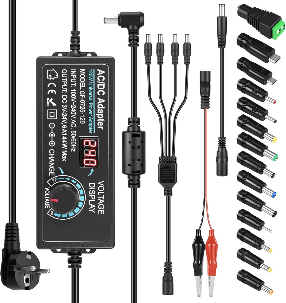 SnelShoppen - 3V-24V 6A 144W Verstelbare Voeding Universele Voedingsadapter 100V-240V AC naar DC met LED Voltageweergave en 14 Tips voor Huishoudelijk
