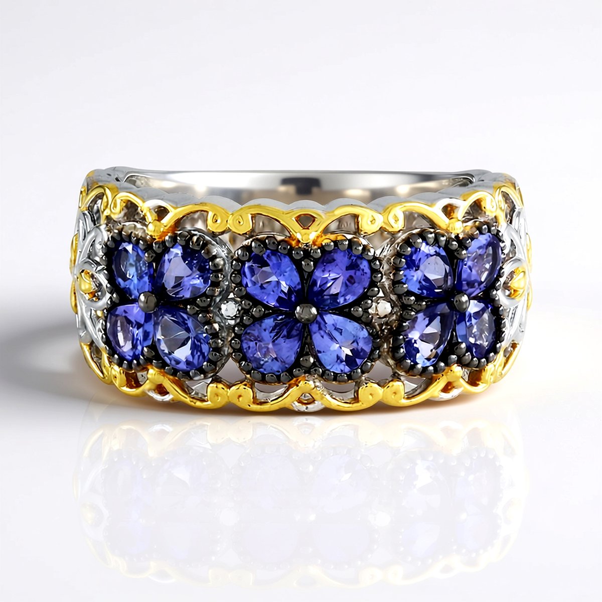 Cavill - 925 Sterling Zilveren Ring met 12 Peervormige Tanzanieten 1,728 ct - Palladium - Handgemaakt Bloemenmotief - Elegant Paarsblauw Sieraad