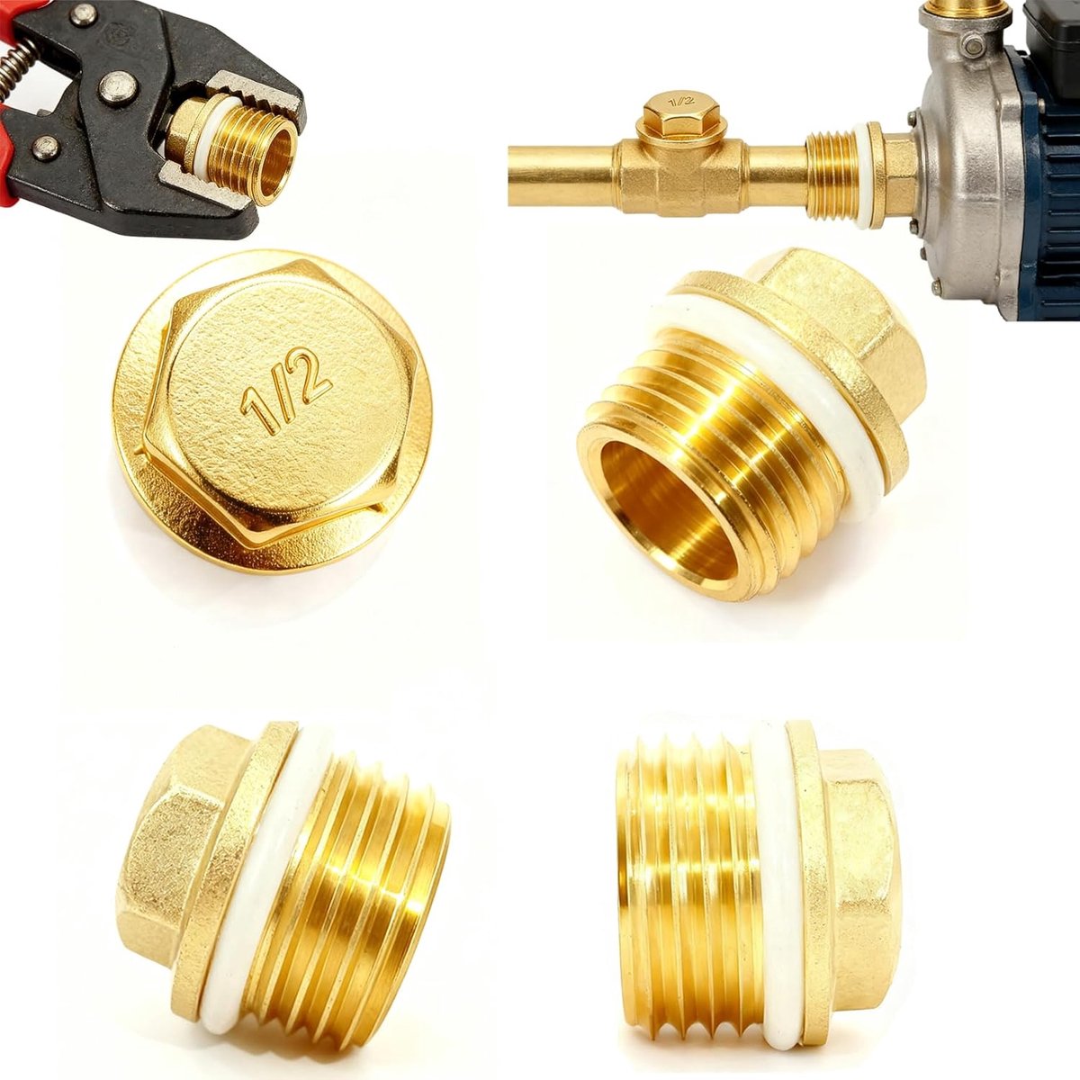 Brass blind plug, 1/2 inch female thread/male thread with sealing ring, suitable for heating, water pipe and - ShopVlot