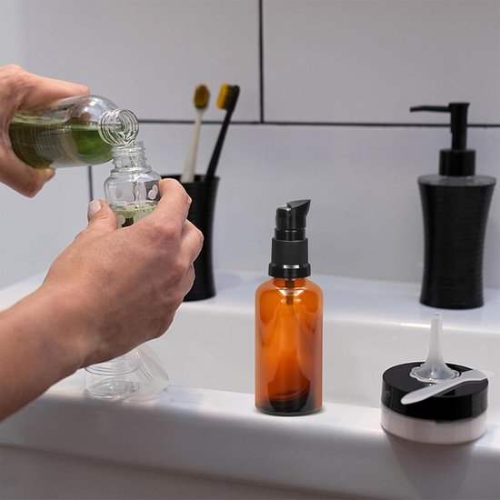 SnelShoppen - 4 Stuks 100ml Lege Glazen Flessen Bruin Amber Lotion Flessen met Pomp + Trechter + Spuiten + Stickers voor Aromatherapie, Essentiële Oli van Snelshoppen — afbeelding 4