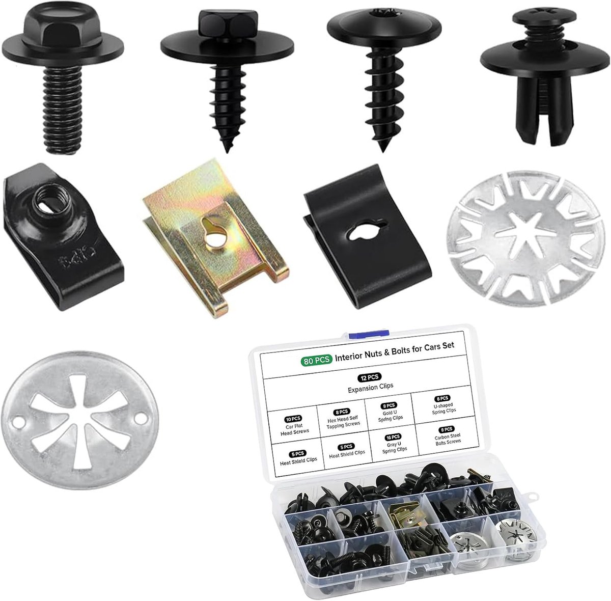 SnelShoppen - 80-delige Body Bouten & Moeren Set, Auto Carrosserie Pluggen & Klemmen, Warmteschild Kentekenplaat Reparatie Kit Schroeven - Plaatmetaal