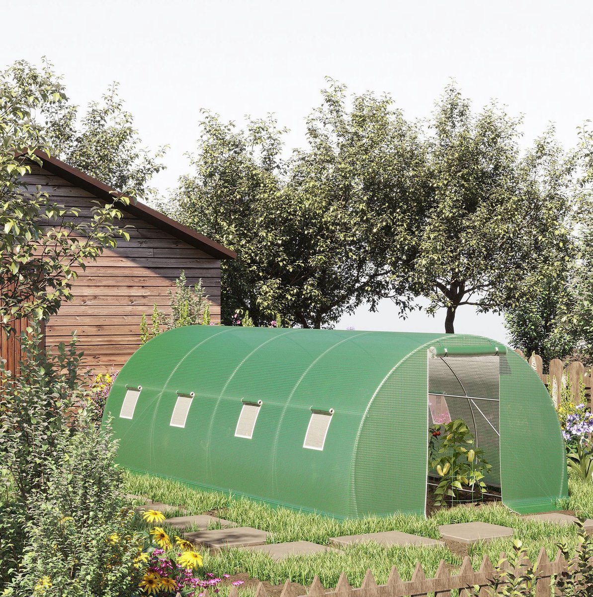 COVREO Tunnelkas 600 x 300 x 200 cm groen, staal met 8 ramen en rolluikdeur