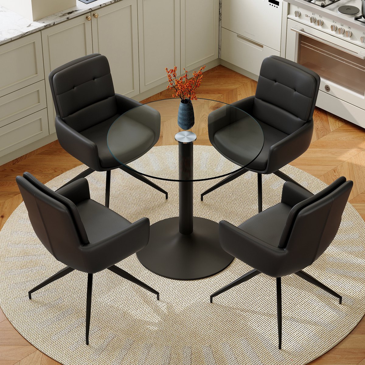 REDOM - Tafel- en stoelenset - Ronde eettafel van gehard glas - Met 4 draaibare eetstoelen - Metaal en PU - Modern - Eetkamer - Zwart en Transparant - 85 cm