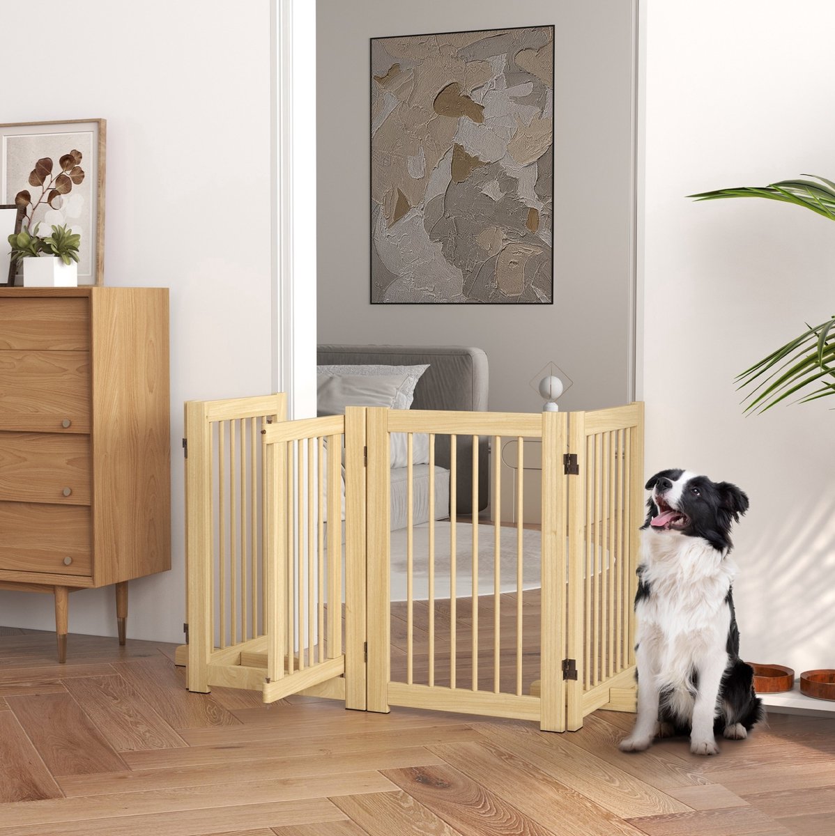COVREO Hondenhek 204 x 75 cm naturel, hout 4-delig met deur opvouwbaar