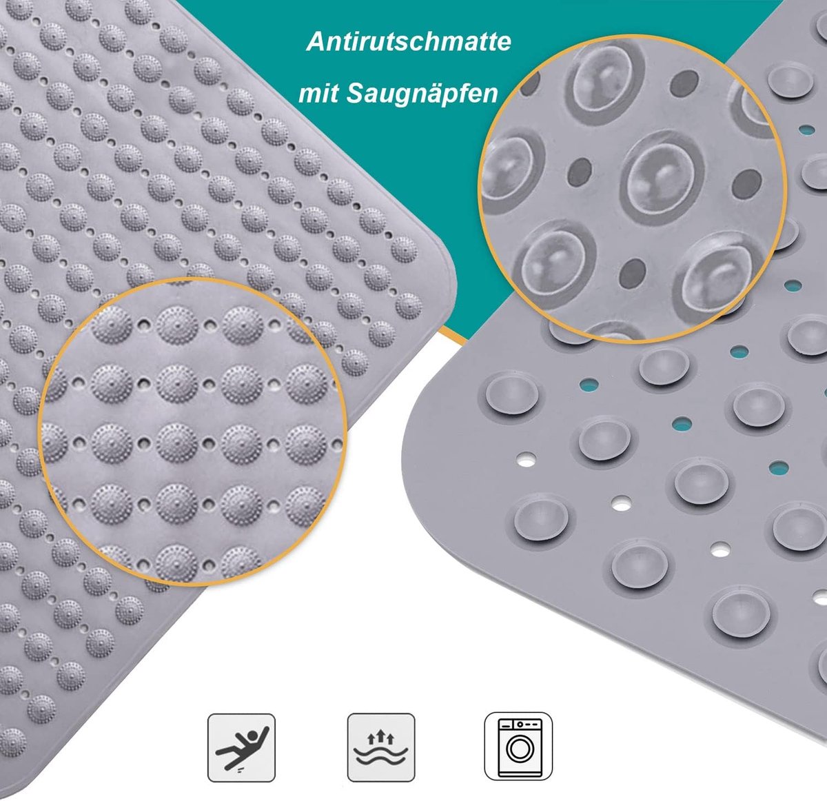 SnelShoppen - Douchemat 48 x 48 cm, Antislip Mat met Zuignappen, Massage Mat, Antislip voor Saunas, Douchekamers, Machinewasbaar, Vierkant, Grijs