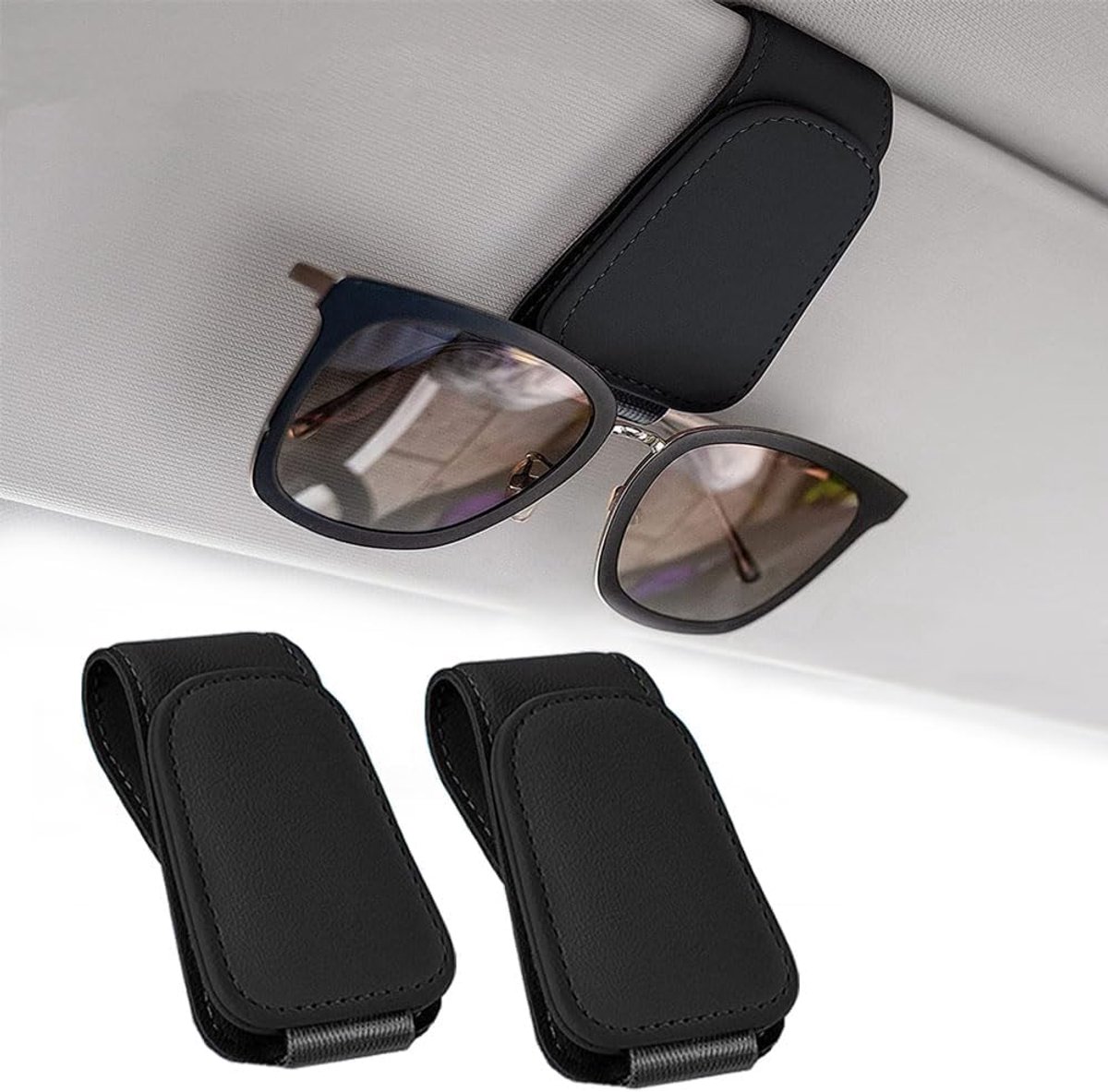 SnelShoppen - 2 Stuks Auto Zonnevisier Zonnebrilhouders, Leren Zonnebrilhouder/Ticket Kaart Clip, Magnetische Brilhouder voor Alle Soorten Brillen, Zw