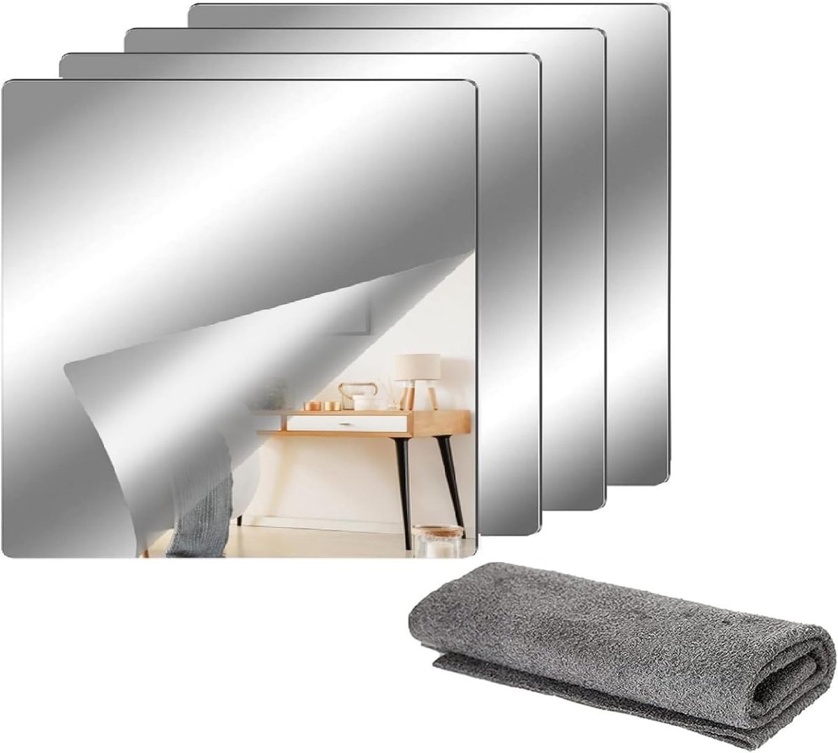 SnelShoppen - Acryl Vierkante Spiegel Film, Wandspiegel, Zelfklevende Spiegel, Flexibele Muurstickers, 4 Stuks, 20 X 20 Cm X 2 Mm, Voor Badkamer, Woon
