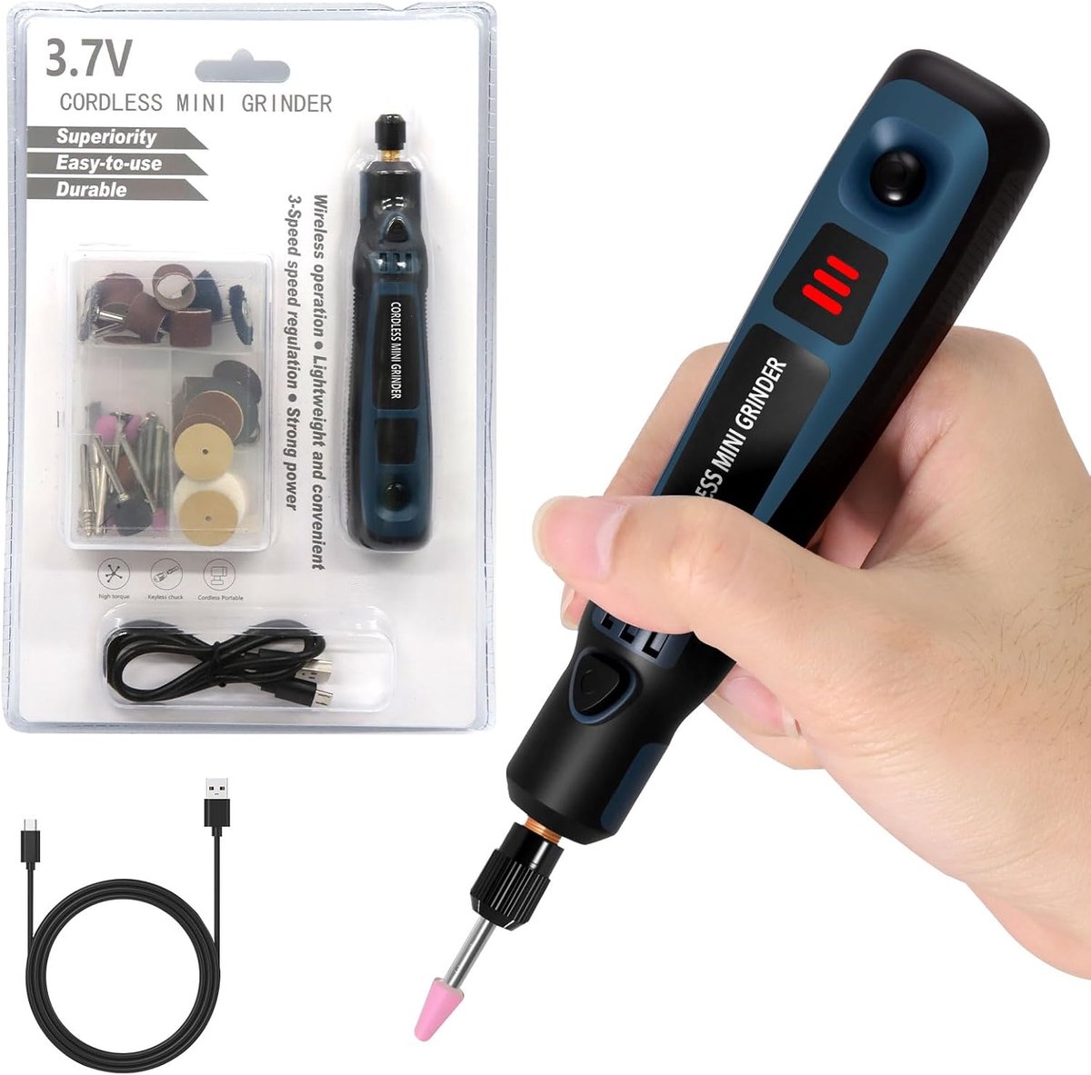 Elektrische graveerpen - Graveermachine pen - Materialen bewerken - 3 snelheden instelbaar - 50 accessoires - Zwart