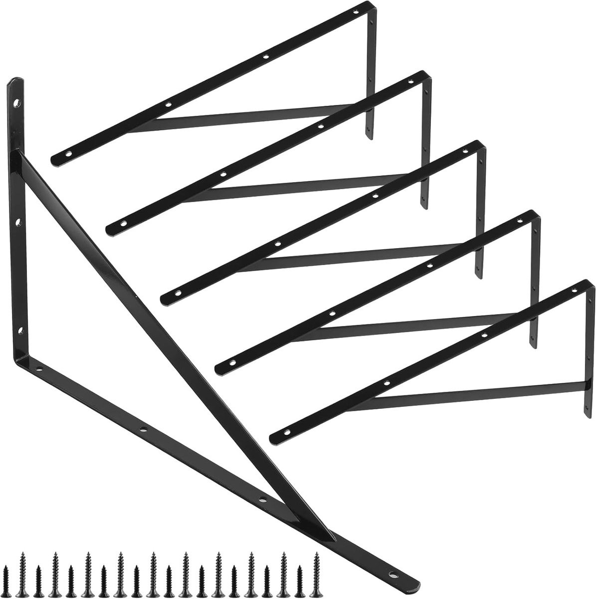 SnelShoppen - Pack van 6 Zwarte Metalen Plankdragers, 400 x 250 mm, L-vormige Stevige Plankhouders met Schroeven, 90 Graden Hoek, Driehoek voor Wandmo