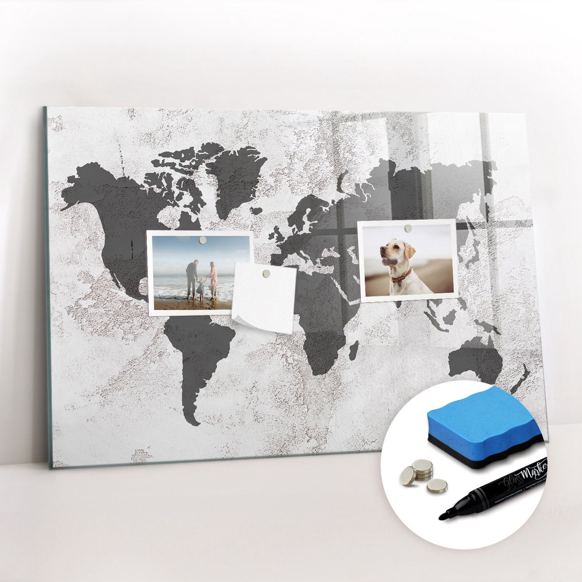 Tulup Whitebord - Concrete wereldkaart - 60 x 40 cm - Grijs Magnetisch Bord Kind - Gratis 5 Sterke Magneten + Whiteboard Marker & Wisser - Industrieel Wandbord - Magneetbord Keuken - Inspiratiebord Kantoor