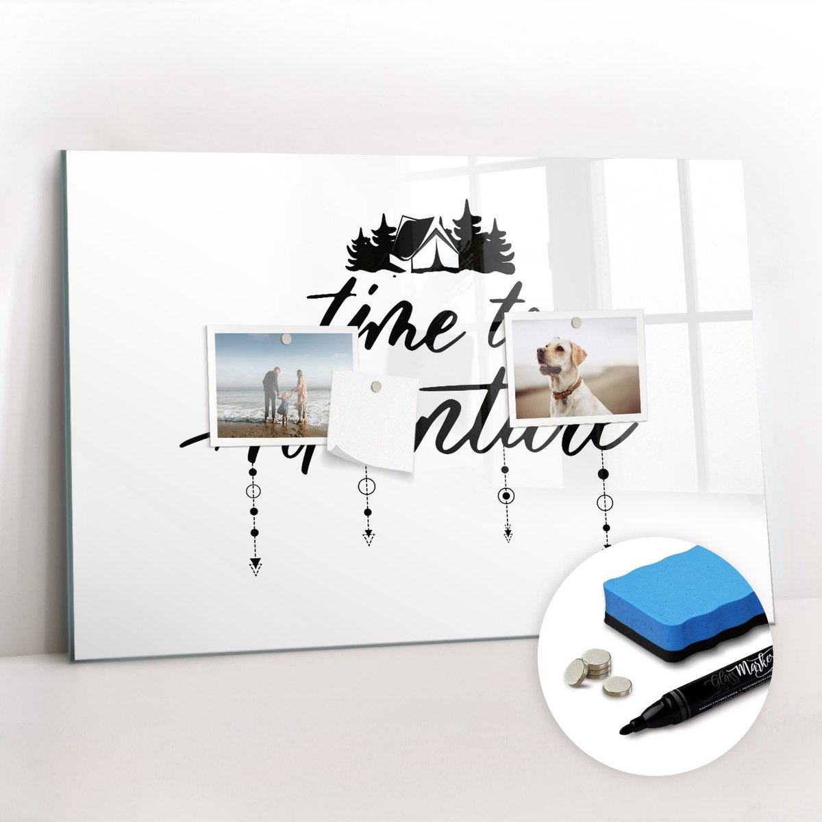Tulup Whitebord - Tijd voor avontuur - 60 x 40 cm - Wit Magnet Board - Gratis 5 Sterke Magneten + Whiteboard Marker & Wisser - Design Memobord - Magnetic Board - Inspiratiebord Kantoor