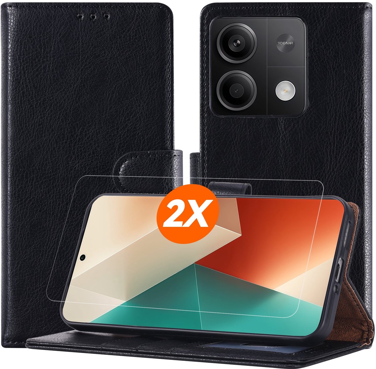 Hoesje geschikt voor Xiaomi Redmi Note 13 Pro 5G Hoesje Zwart met Pasjeshouder + 2x Screenprotector Tempered Glass – Schokbestendige Wallet Telefoonhoes