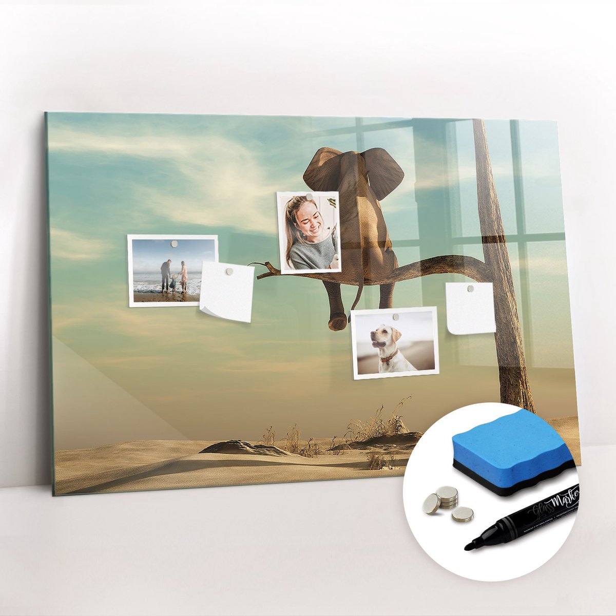Tulup Whitebord - Olifant in een boom - 90 x 60 cm - Veelkleurig Magneetbord Rechthoekig - Gratis 5 Sterke Magneten + Whiteboard Marker & Wisser - Industrieel Wandbord - Magneetbord Foto - Productiviteit Tools