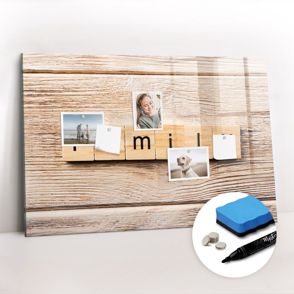 Tulup Whitebord - Het opschrift 'familiewoonkamer' - 90 x 60 cm - Bruin Magnetisch Wandbord - Gratis 5 Sterke Magneten + Whiteboard Marker & Wisser - Decoratief Magnetisch Bord - Memobord Glas - Productiviteit Tools