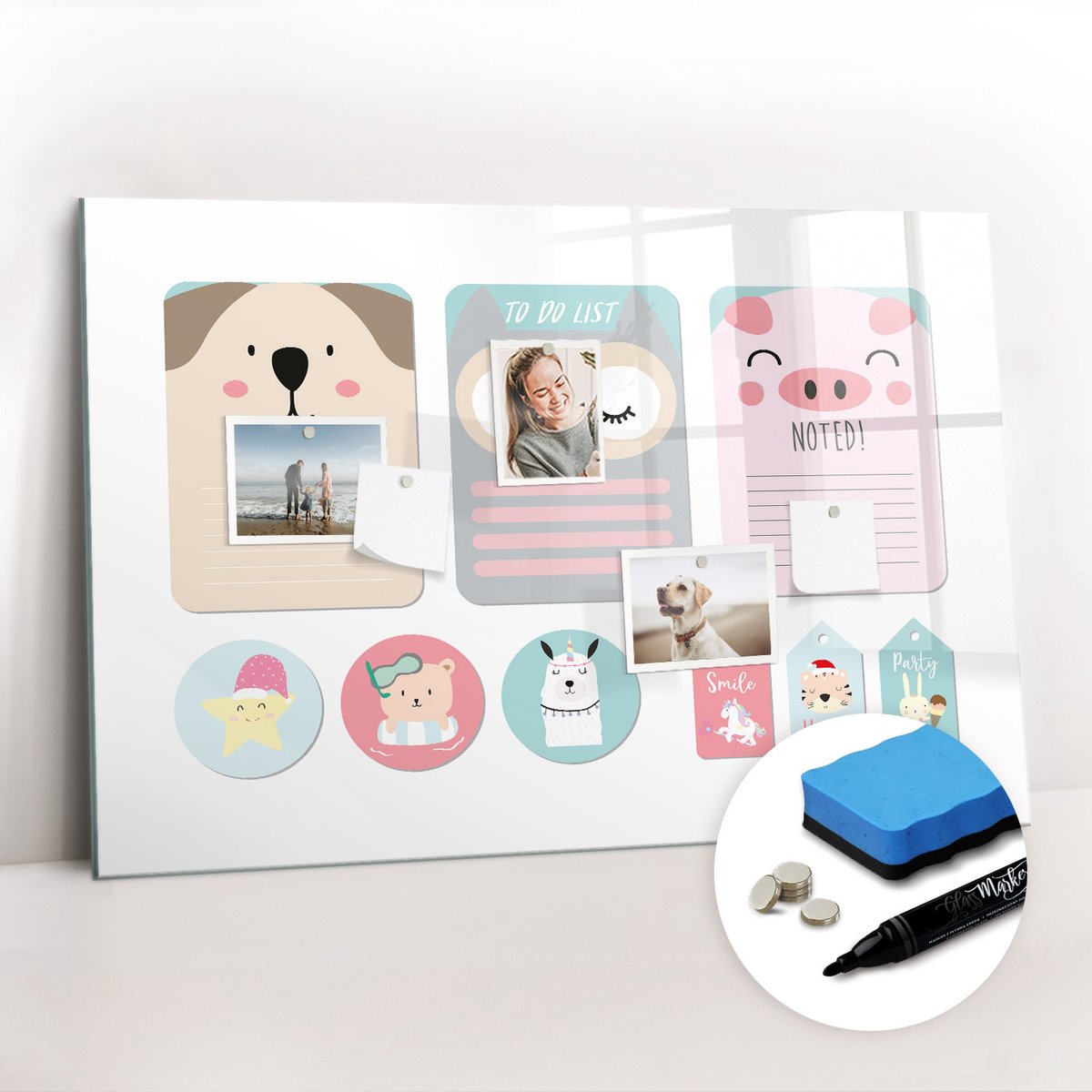 Tulup Whitebord - Blije dieren - 90 x 60 cm - Veelkleurig Magneetbord Keuken - Gratis 5 Sterke Magneten + Whiteboard Marker & Wisser - Minimalistisch Prikbord - Magnetisch Memobord - Organiseer Je Bureau