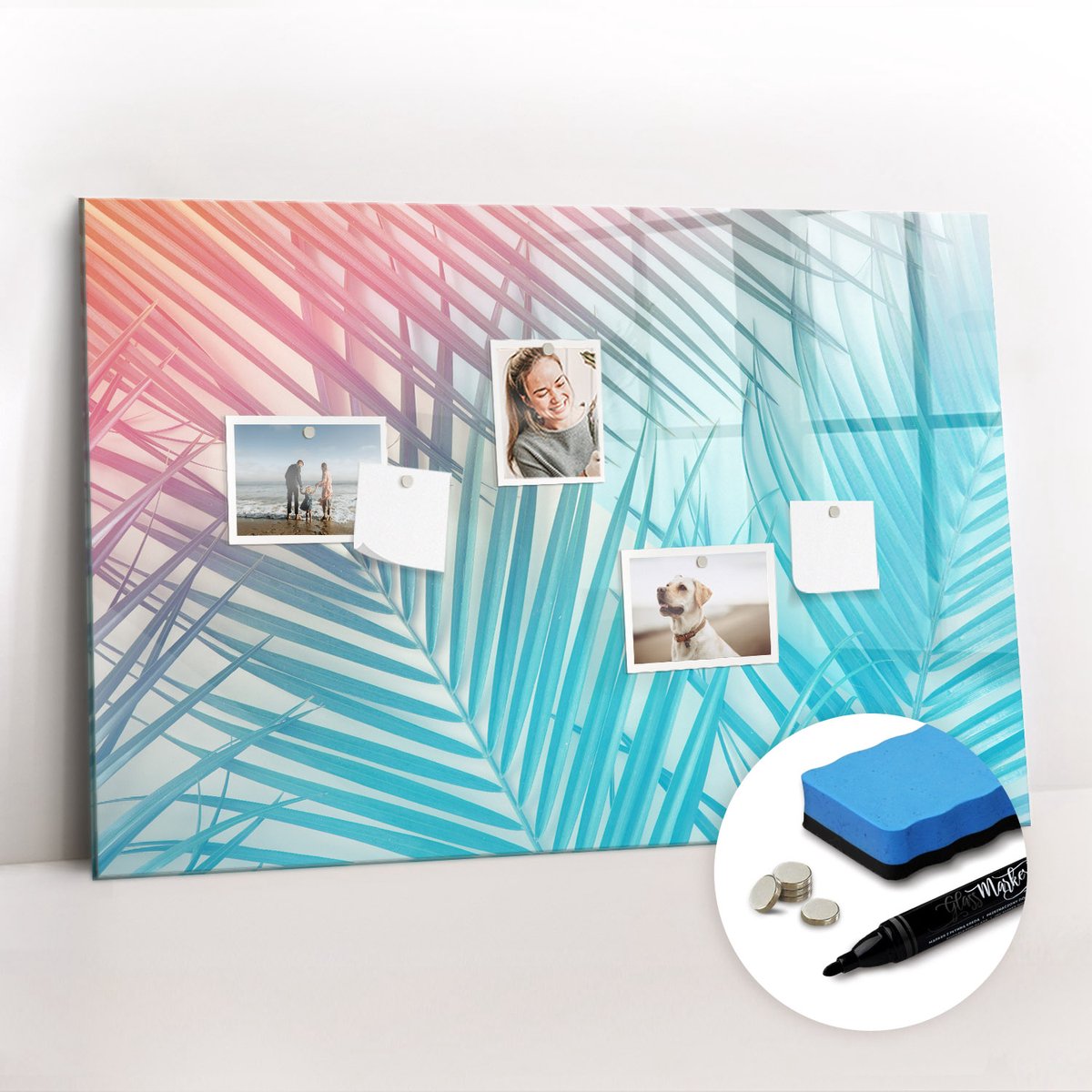 Tulup Whitebord - Tropische palmboom - 90 x 60 cm - Veelkleurig Memobord Magnetisch - Gratis 5 Sterke Magneten + Whiteboard Marker & Wisser - Design Memobord - Magnetisch Wandbord - Inspiratiebord Kantoor