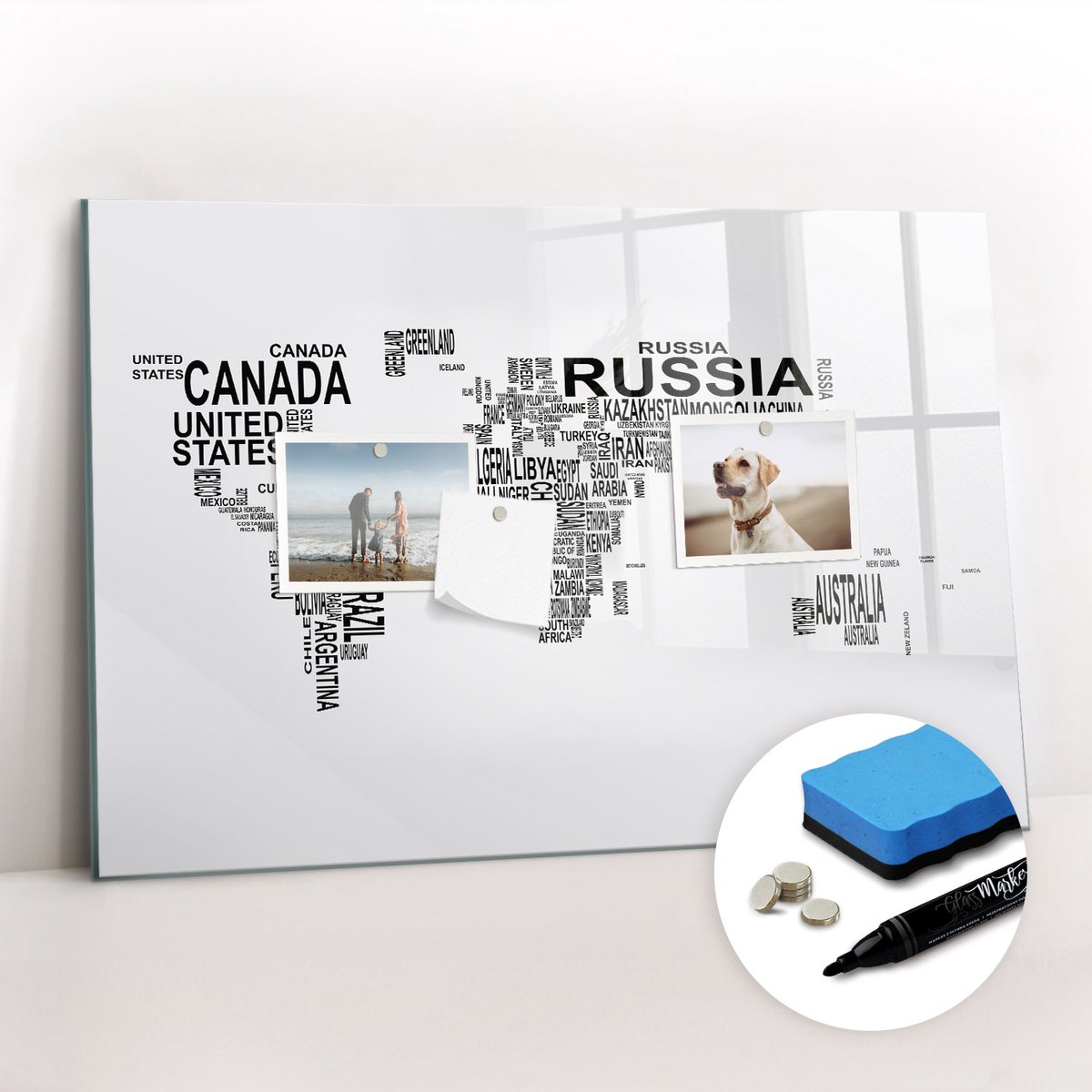 Tulup Whitebord - Continenten gemaakt van letters - 60 x 40 cm - Grijs Magnetisch Bord Kind - Gratis 5 Sterke Magneten + Whiteboard Marker & Wisser - Stylish Memo Board - Magneetbord Rechthoekig - Planning Muur