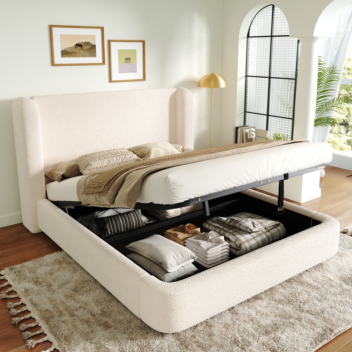 Polsterbed 180x200 cm met Gevulde Kopboard - Beige Bouclé - Hydraulisch Opbergbed