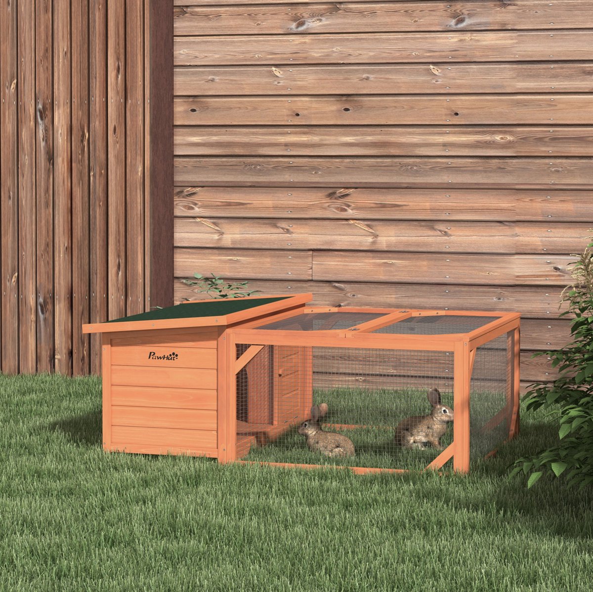 REDOM-Kleintierstall met Freigehege- Uitneembare bodemlade- Weerbestendig- Opklapbaar dak en voordeur- Hout- Oranje- 125,5 x 100 x 49 cm