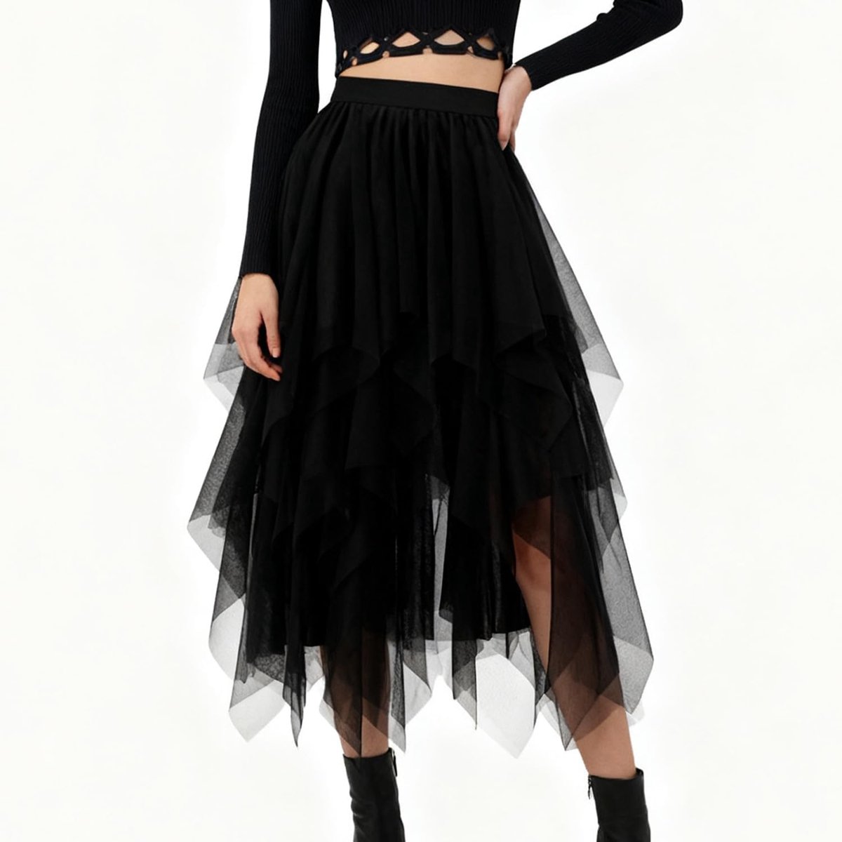 rok voor dames, A-lijn, hoge getailleerde rok, High Low Layered Puffy rok, elegante onregelmatige tule rok, lange zomerrok, meerlaagse mesh-rok voor eindexamenbal, carnaval