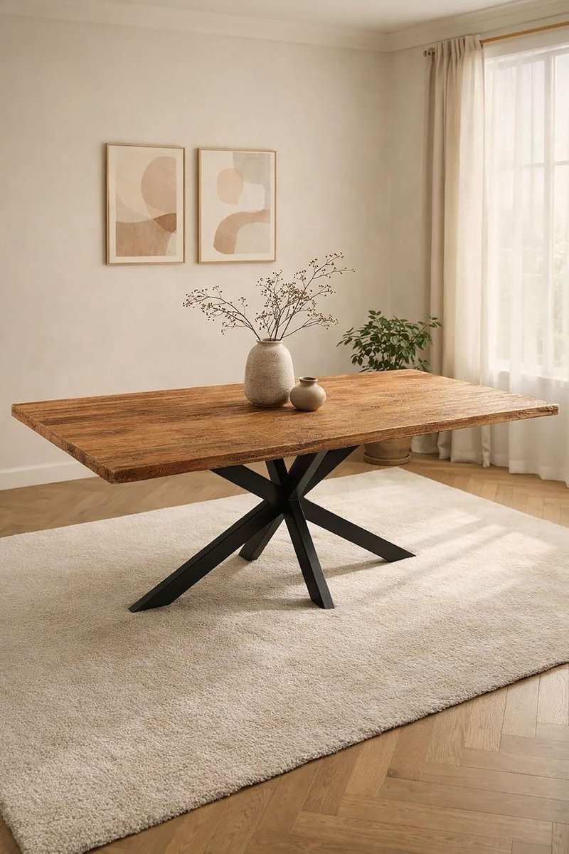 Home Rechthoekige Eettafel 140 cm Mangohout – Rustiek – Zwart Metalen Matrix Onderstel – Industrieel – 4-6 Personen