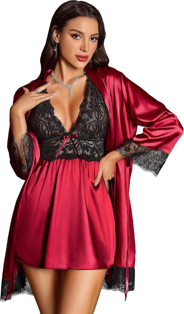 Sets voor dames, kanten babydoll, satijnen gewaad, nachtkleding, nachtkleding