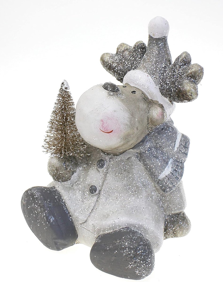 figuur rendier eland 13 cm, keramiek grijs bruin wit glitter, grappige decoratieve figuur eland rendierfiguur met dennenboom winterdecoratie kerstdecoratie