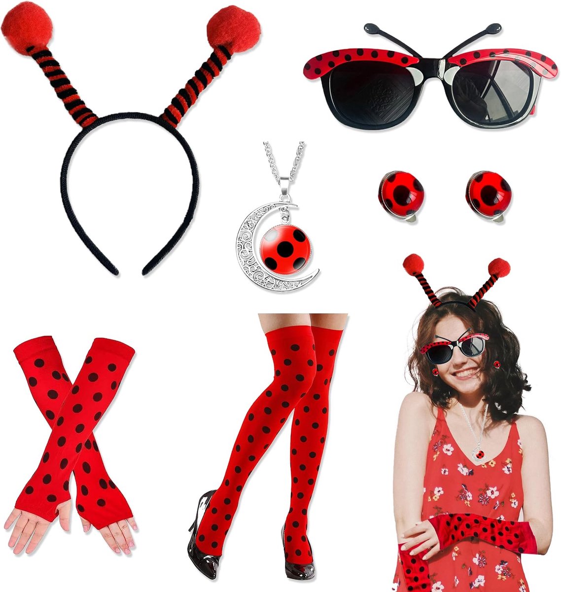 6 Stuks Lieveheersbeestje Kostuum, Lieveheersbeestjeskostuum voor Volwassenen, Lieveheersbeestje Haarband Bril Armwarmers Kniekousen Oorbellen Ketting voor Halloween Carnaval Cosplay