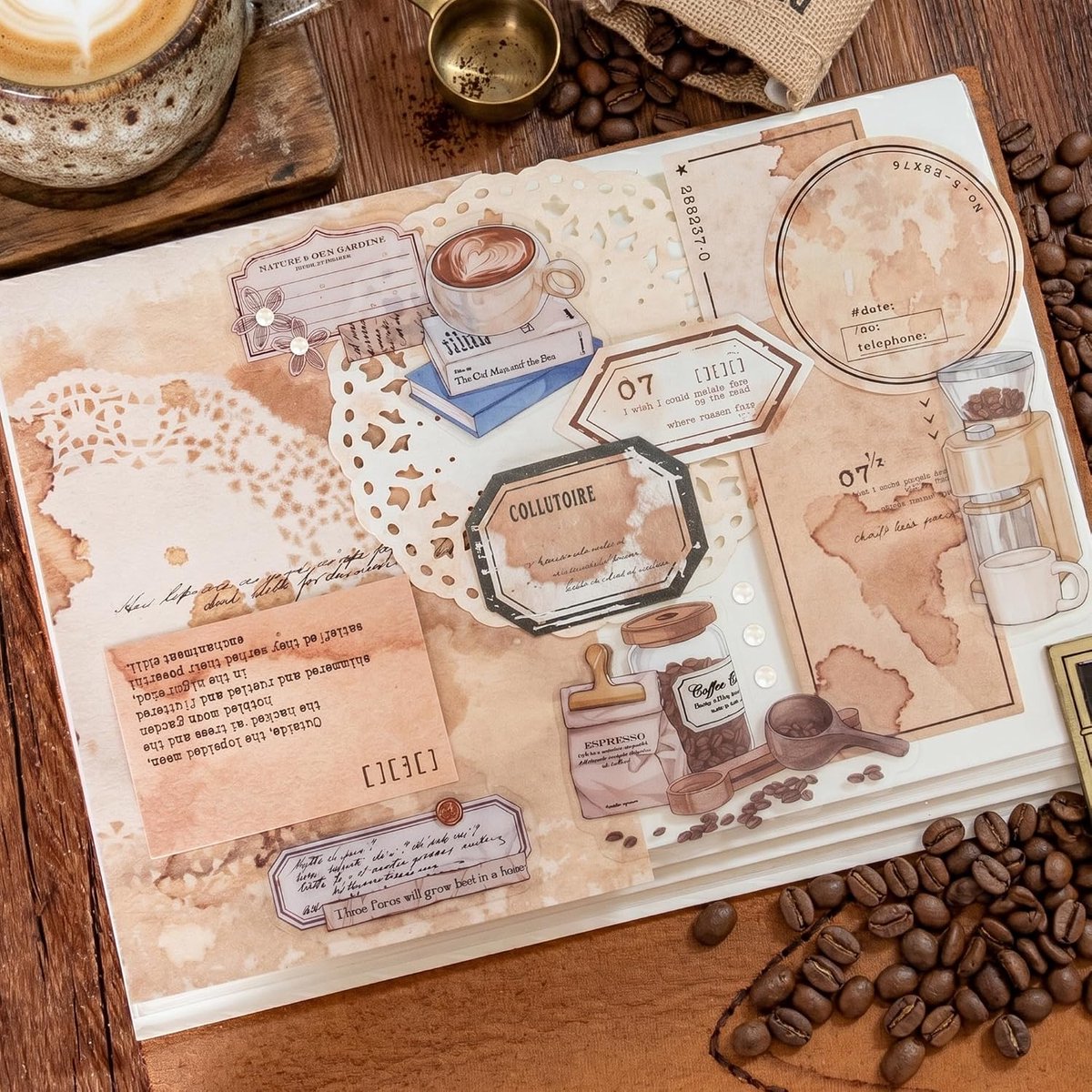 Vintage Coffee Junk Journal Supplies, kit met vlinderstickers, bloemuitsnedes, kant en handgeschreven notities voor planner, card making en collage art (Barista)