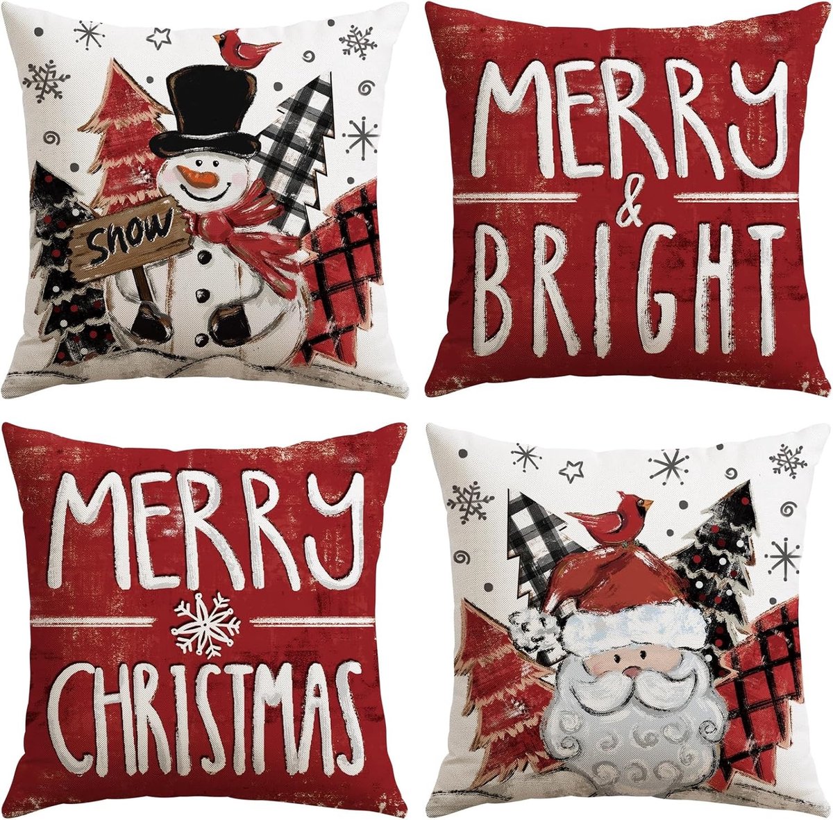 Set van 4 Linnen Kussenslopen voor de Woonkamer en Slaapkamer - Kerstdecoratie 45 x 45 cm (Rood) - Perfect voor Feestdagen en Gezellige Sfeer