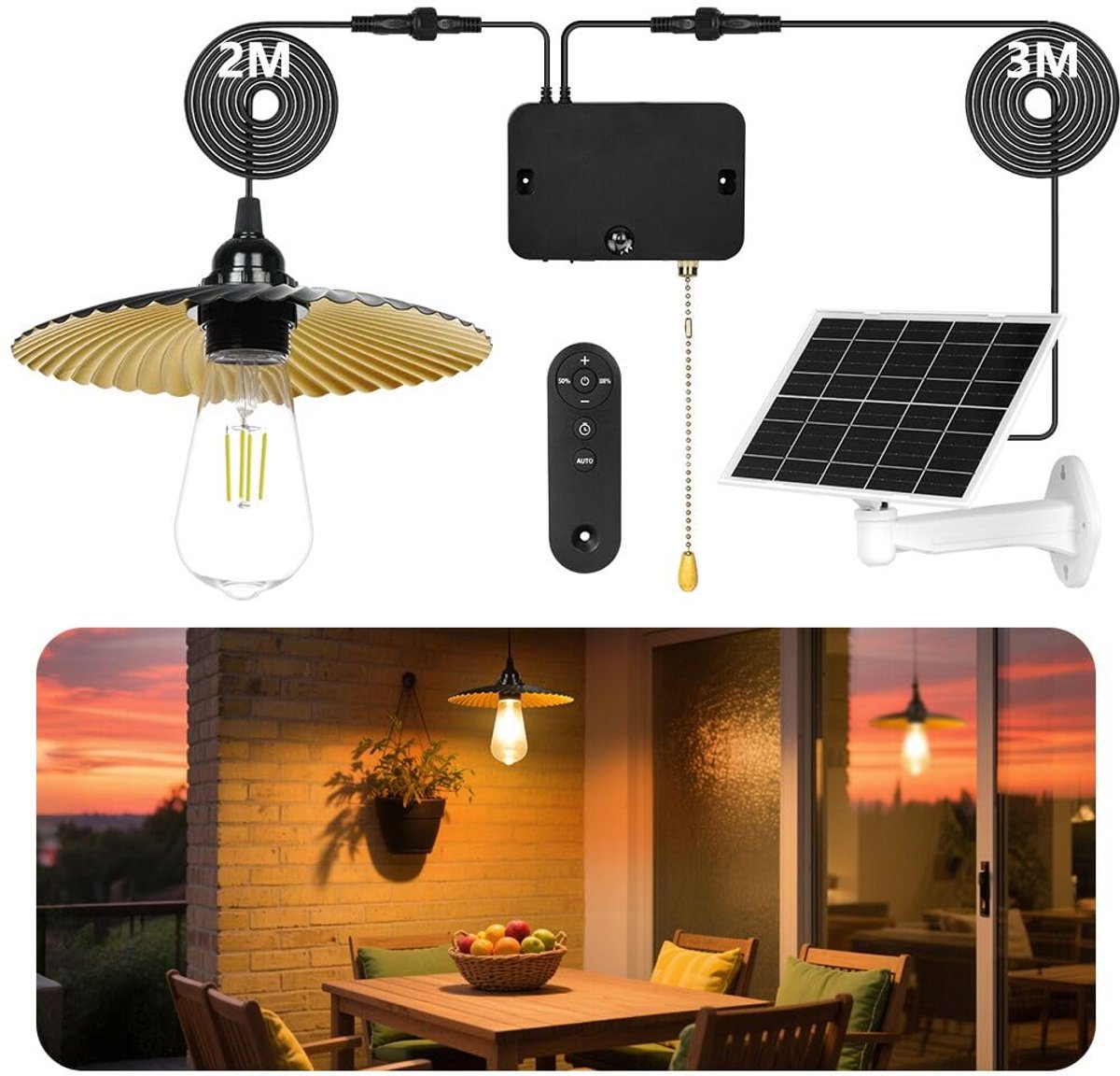 SnelShoppen - HOTUT Hanglamp op Zonne-energie, Dimbare 7800 mAh Lamp voor Binnen en Buiten met Afstandsbediening, USB Oplaadbaar, IP54 Waterdicht, 5 m