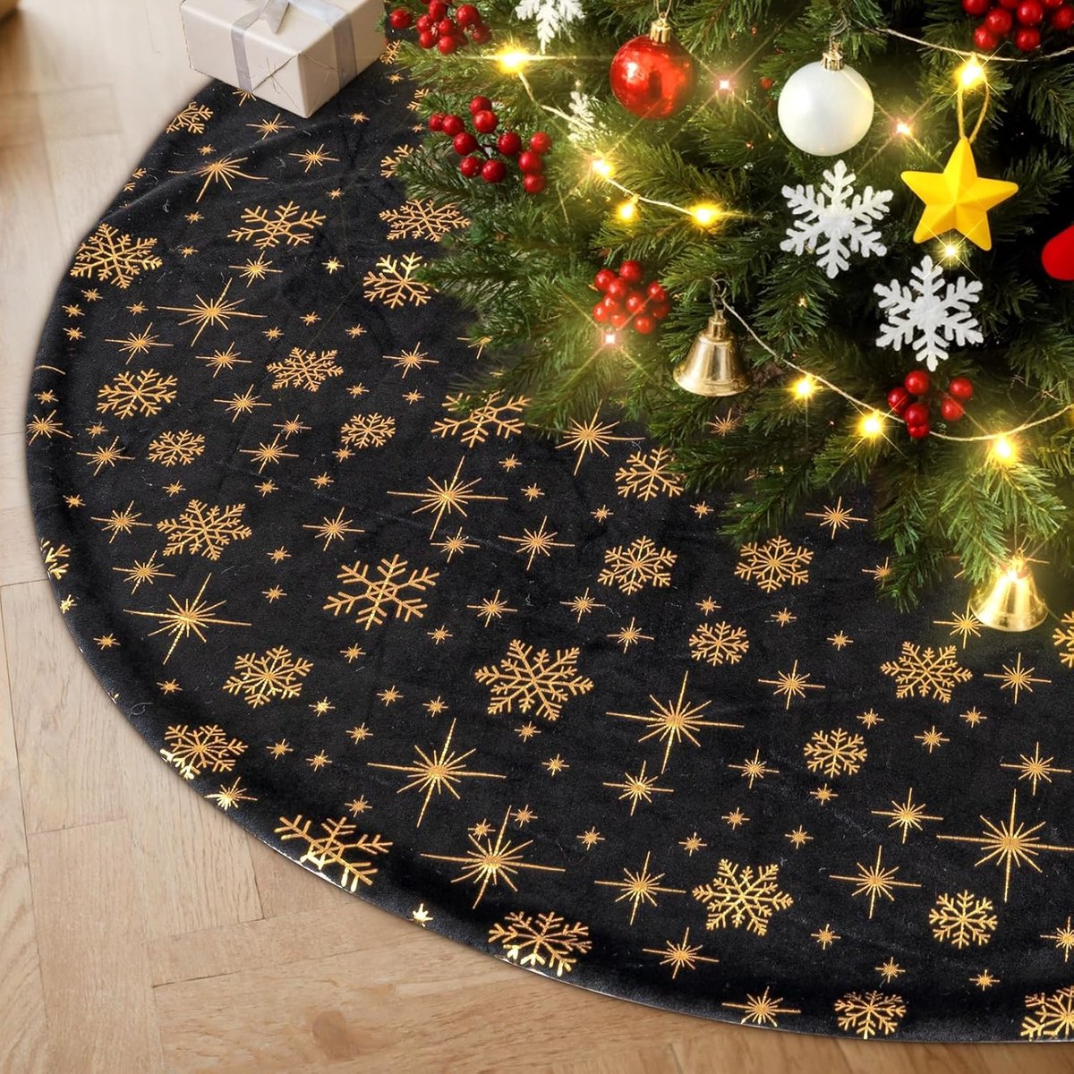 SnelShoppen - Grote Kerstboomrok van Velvet met Sneeuwvlokkenprint - Zwarte Kerstboom Basisbedekking van 90 cm voor Feestelijke Kerstdecoratie in Woon