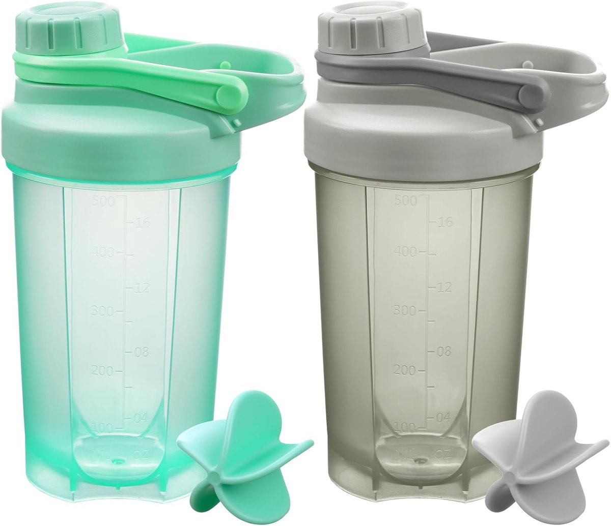 SnelShoppen - Protein Shaker 2-Pack - 500ml Fitness Shaker Fles met 2 Plastic Mixballen - BPA Vrij - Maatbeker voor Eiwitpoeder en Eiwitshakes (Grijs