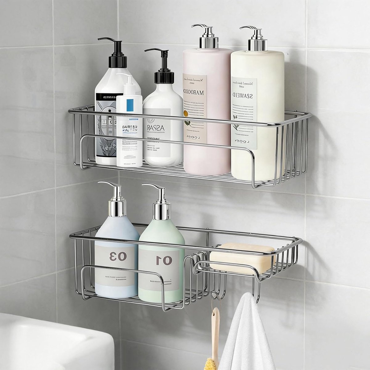 SnelShoppen - 2 Stuks Doucheplanken, Geen Boren, Roestvrij, Badkamer Organizer, Douche Rek met Zeepbakje, Shampoo Houder voor Douche, Keuken, Wasruimt