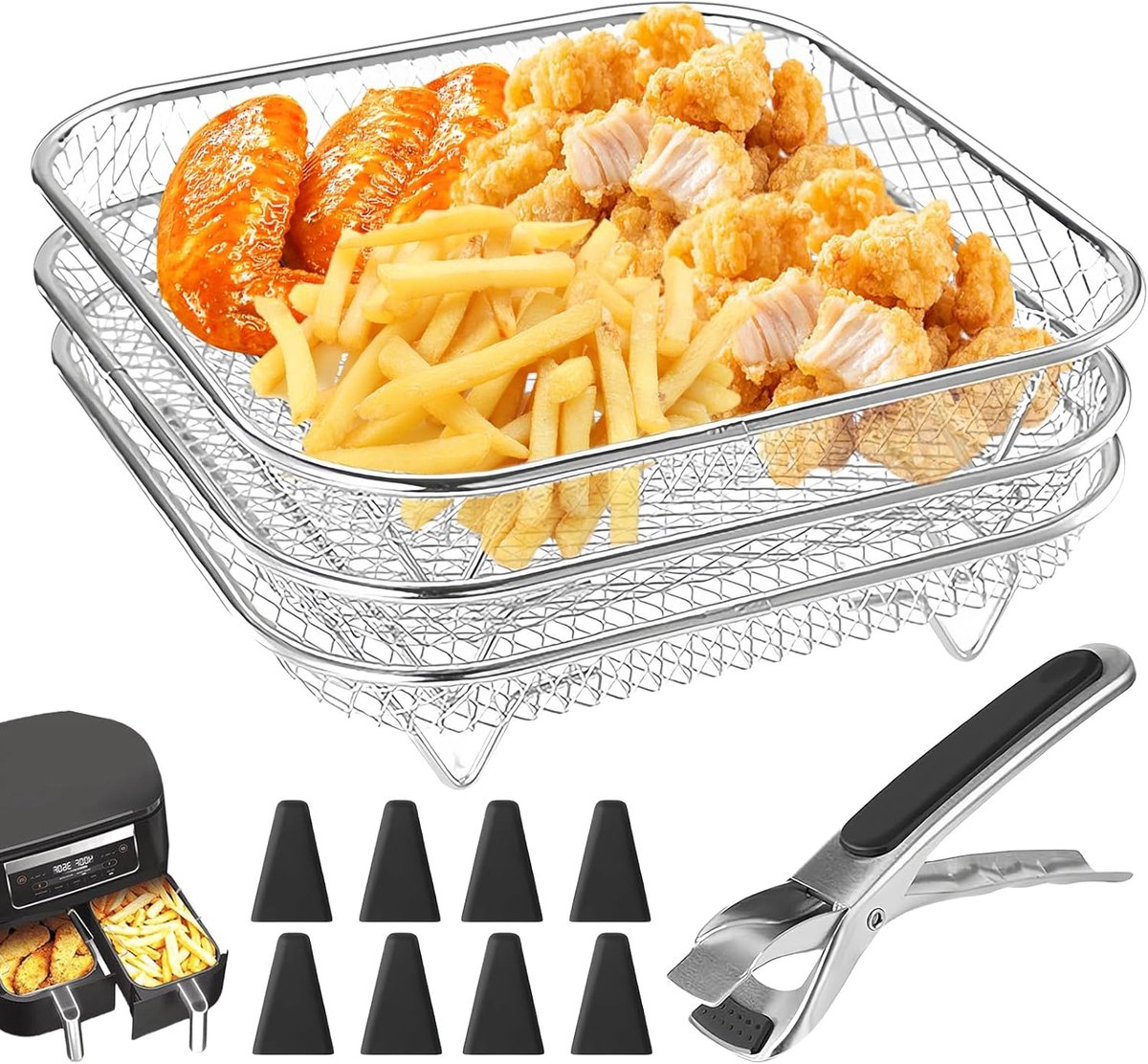 SnelShoppen 3 Stuks Air Fryer Racks van 304 RVS met 8 Silicone Voetjes Stapelbare Air Fryer Mandjes Duurzaam en Veilig voor Keuken en Feest