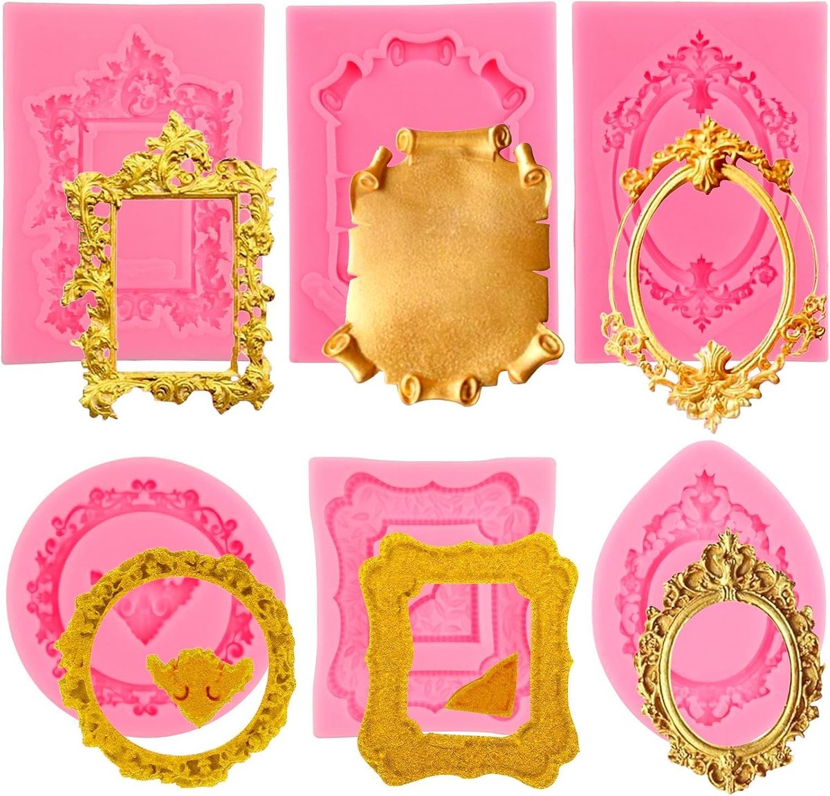 SnelShoppen - 6 Pcs Siliconen Fondant Mallen, Vintage Foto Frame Mallen in 6 Maten, Roze Silicone Mallen voor Taartdecoratie, Feestdecoratie en Bakken